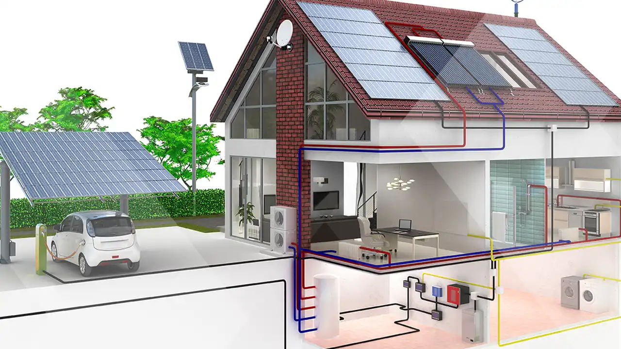 Close up on a plate of mashed potatoes, topped with baked pork chops with cream of mushroom soup, and a side of green beans.